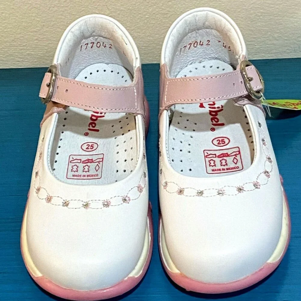 Girls Real Leather Boutique White & Pink Mary Jane’s Shoes Toddler‎ 8 9.5  NEW